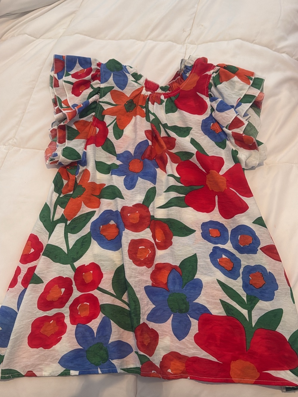 entro Floral Ruffle Sleeve Dress - Red, Blue, Green, Orange